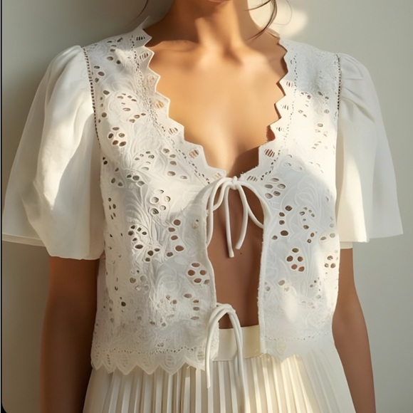 Calypso St. Barth White Eyelet Puff Sleeve Crop Cotton Blouse Tie Top Medium - Picture 1 of 10